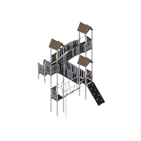 Three-tower play set with slides, a descent tube connected by bridges