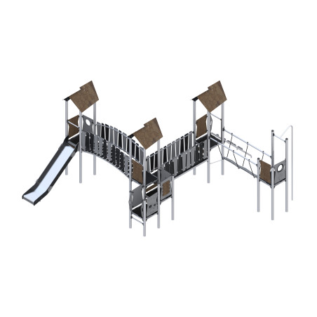 Three-tower play set with slides, a descent tube connected by bridges