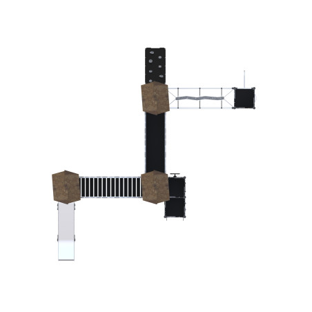 Three-tower play set with slides, a descent tube connected by bridges