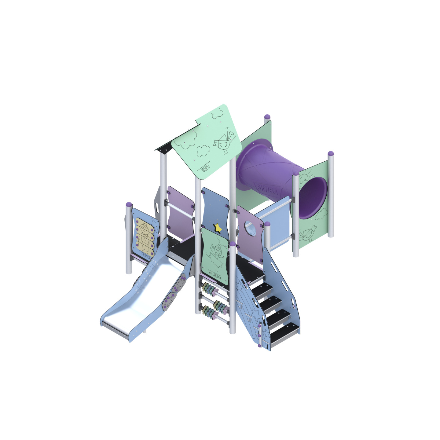Play set with slide and tunnel connected by a sensory wall