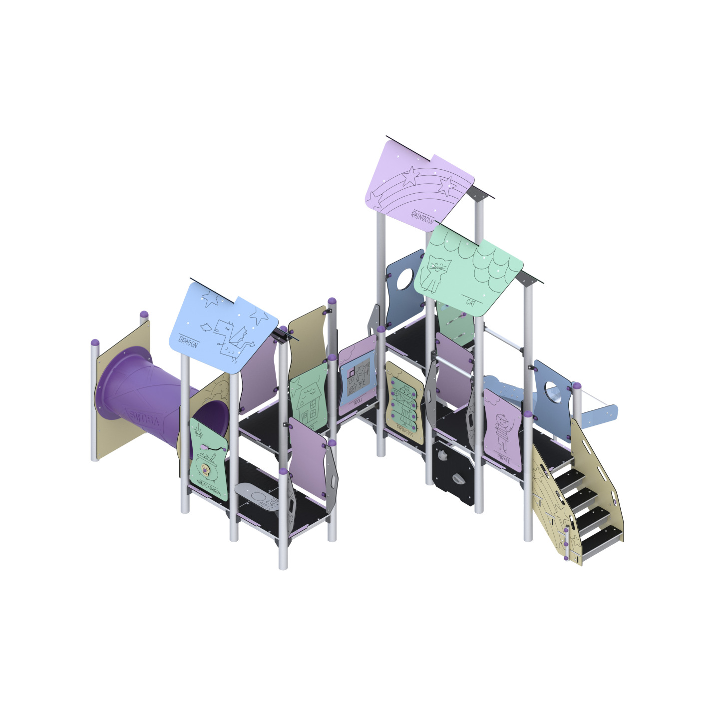 Three-tower play set with slide and tunnel