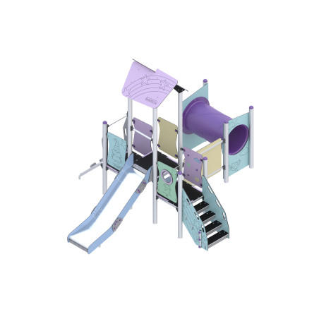 Play set with slide, bridge, and climbing elements