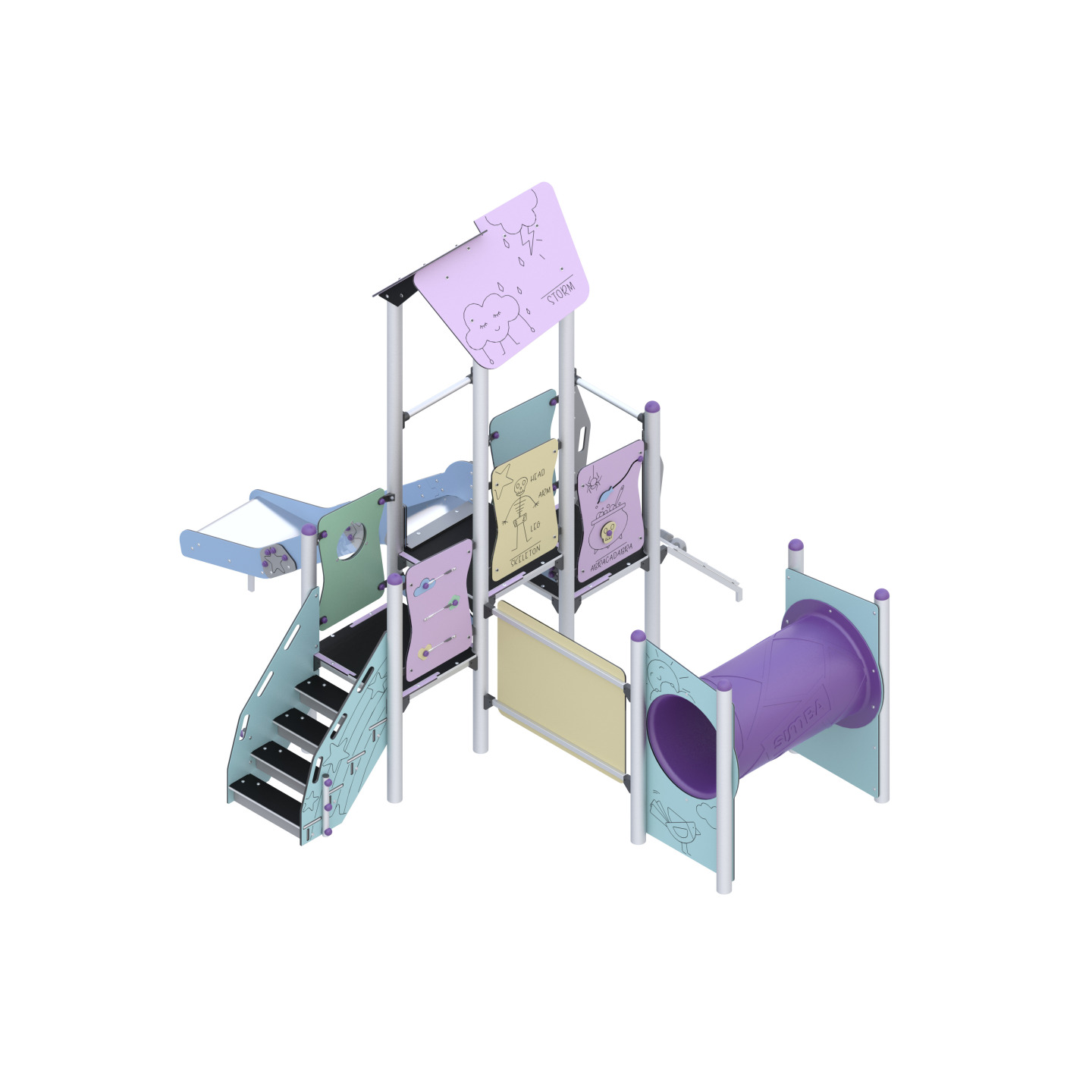 Play set with slide, bridge, and climbing elements