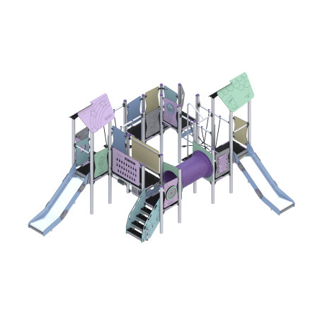 Two-tower play set with slides, a sliding pipe connected by bridges and a tunnel