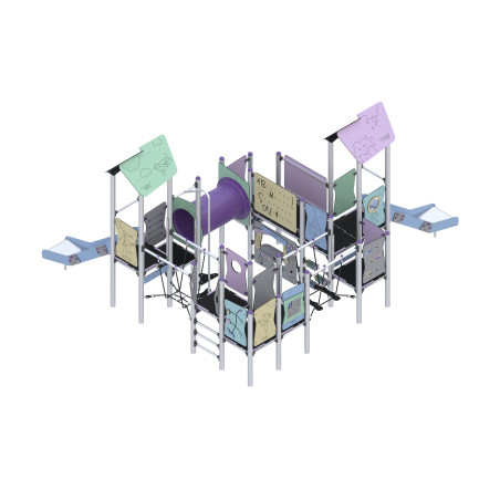Two-tower play set with slides, a sliding pipe connected by bridges and a tunnel