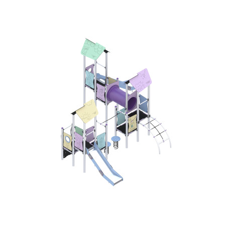 Three-tower play set with slides, connected by bridges and climbing elements
