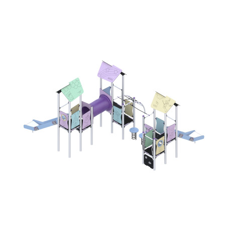 Three-tower play set with slides, connected by bridges and climbing elements