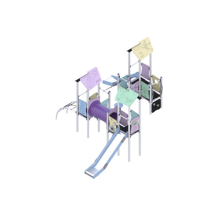 Three-tower play set with slides, connected by bridges and climbing elements