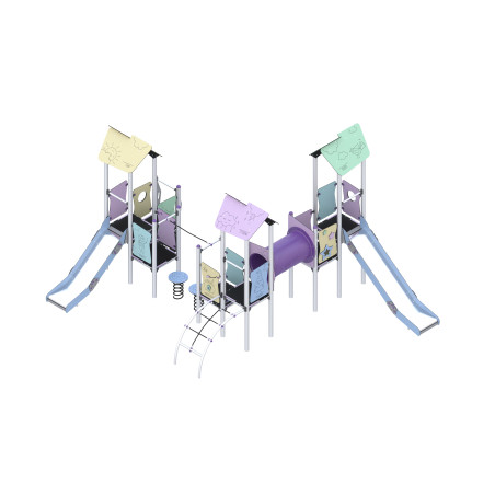 Three-tower play set with slides, connected by bridges and climbing elements