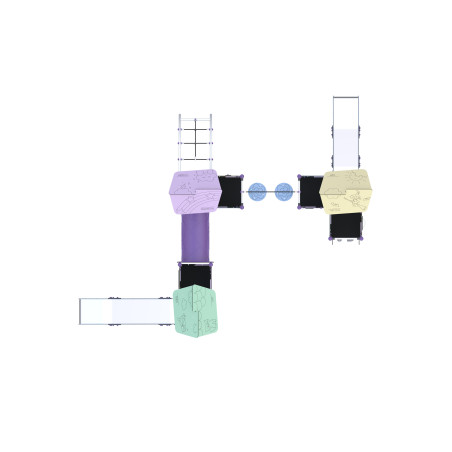 Three-tower play set with slides, connected by bridges and climbing elements