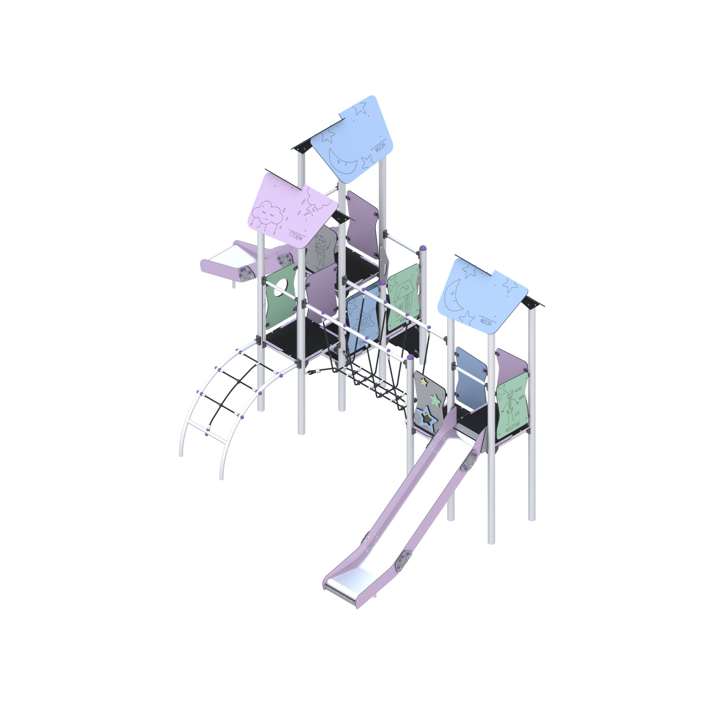 Three-tower play set, with slides, climbing elements, connected by bridges