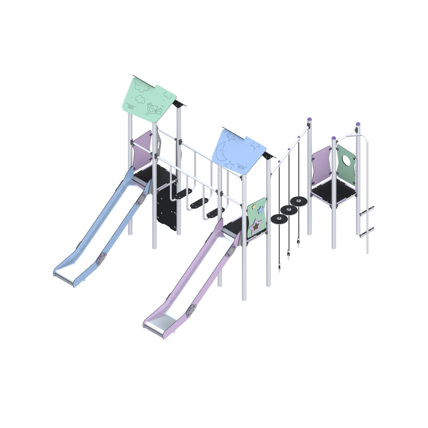 Two-tower play set with slides, a descent tube connected by climbing elements