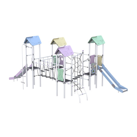Four-tower play set, with slides, connected by many climbing elements