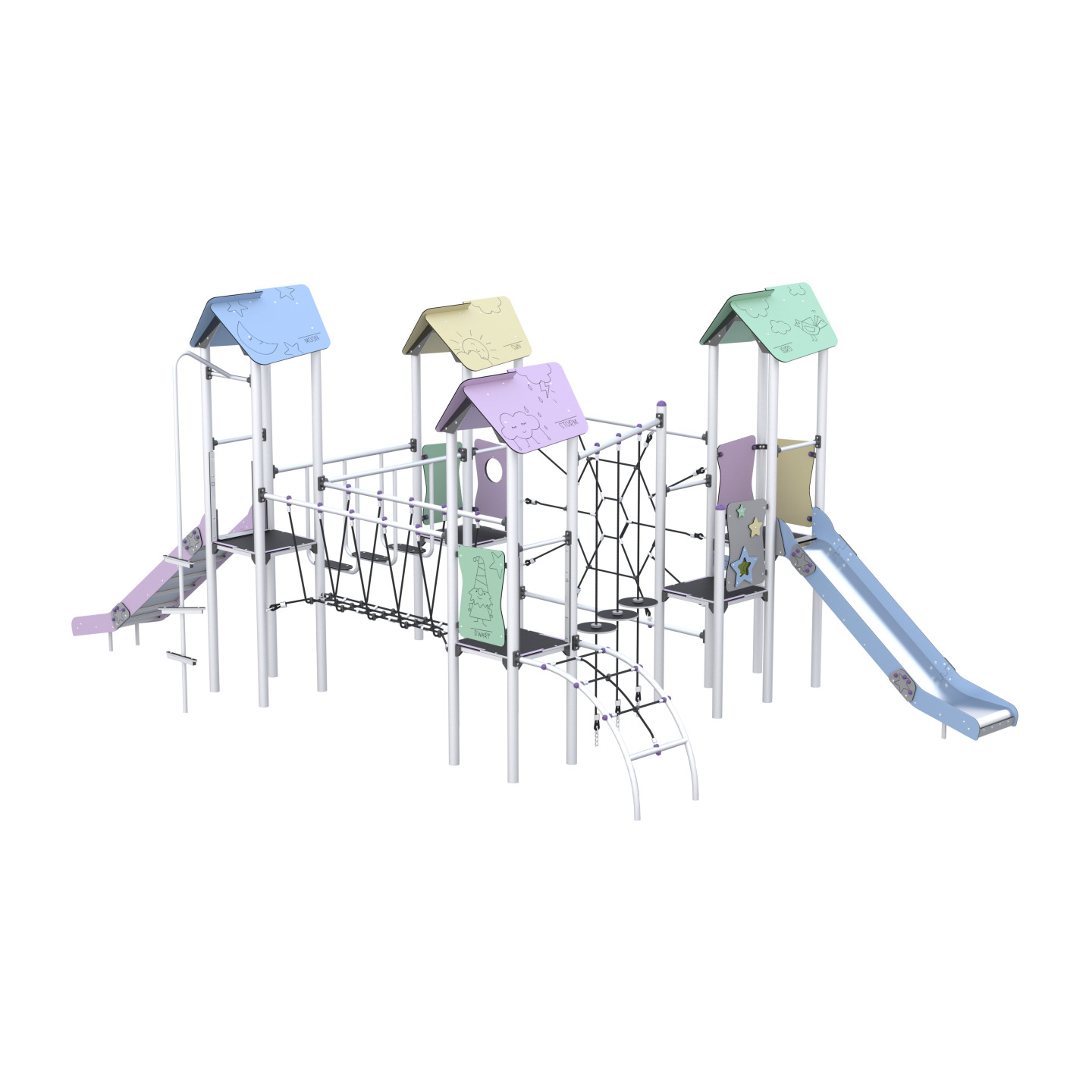Four-tower play set, with slides, connected by many climbing elements