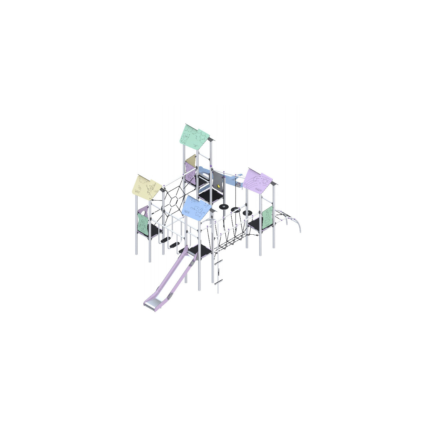 Four-tower play set, with slides, connected by many climbing elements