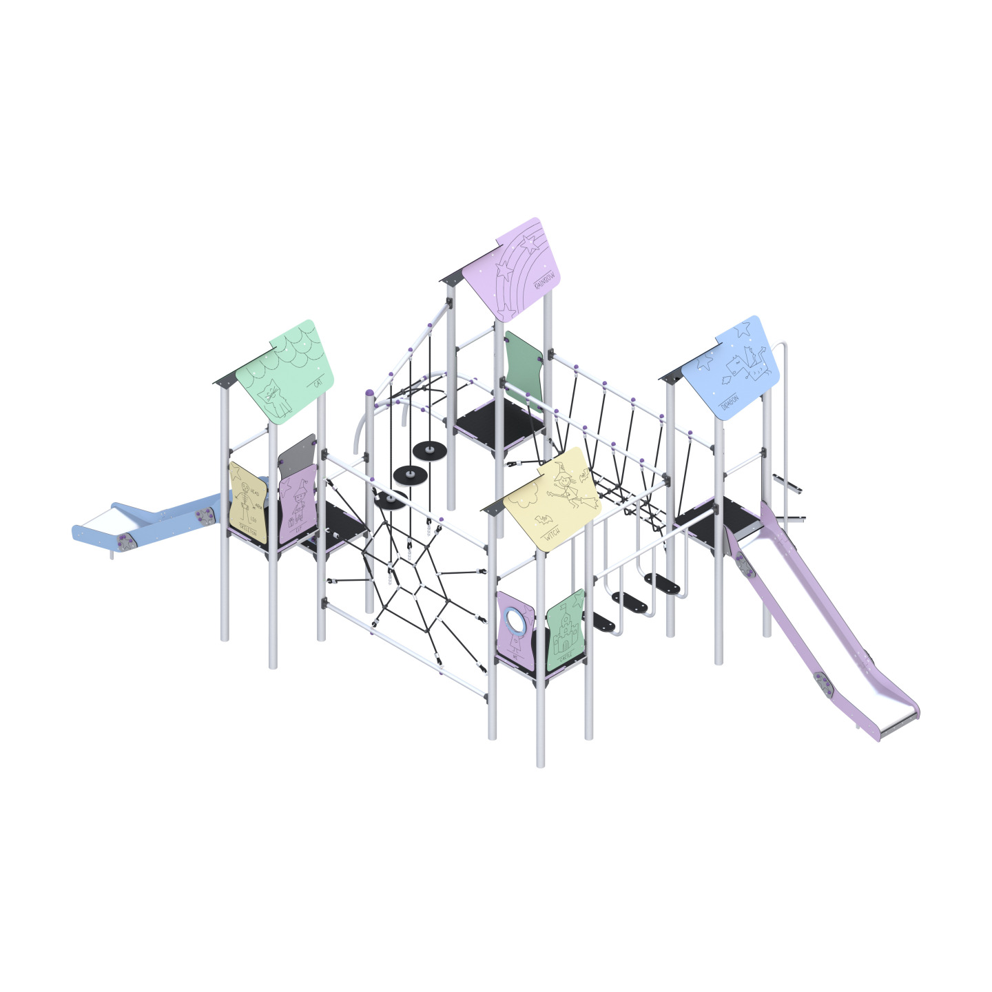 Four-tower play set, with slides, connected by many climbing elements
