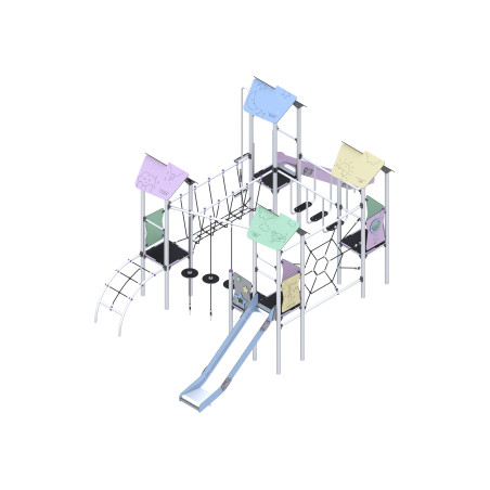 Four-tower play set, with slides, connected by many climbing elements