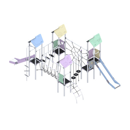 Four-tower play set, with slides, connected by many climbing elements