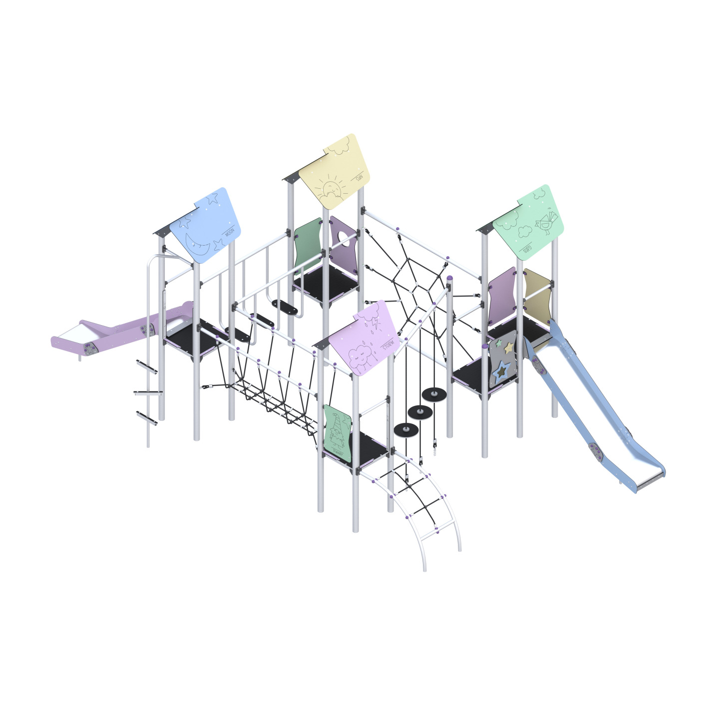Four-tower play set, with slides, connected by many climbing elements