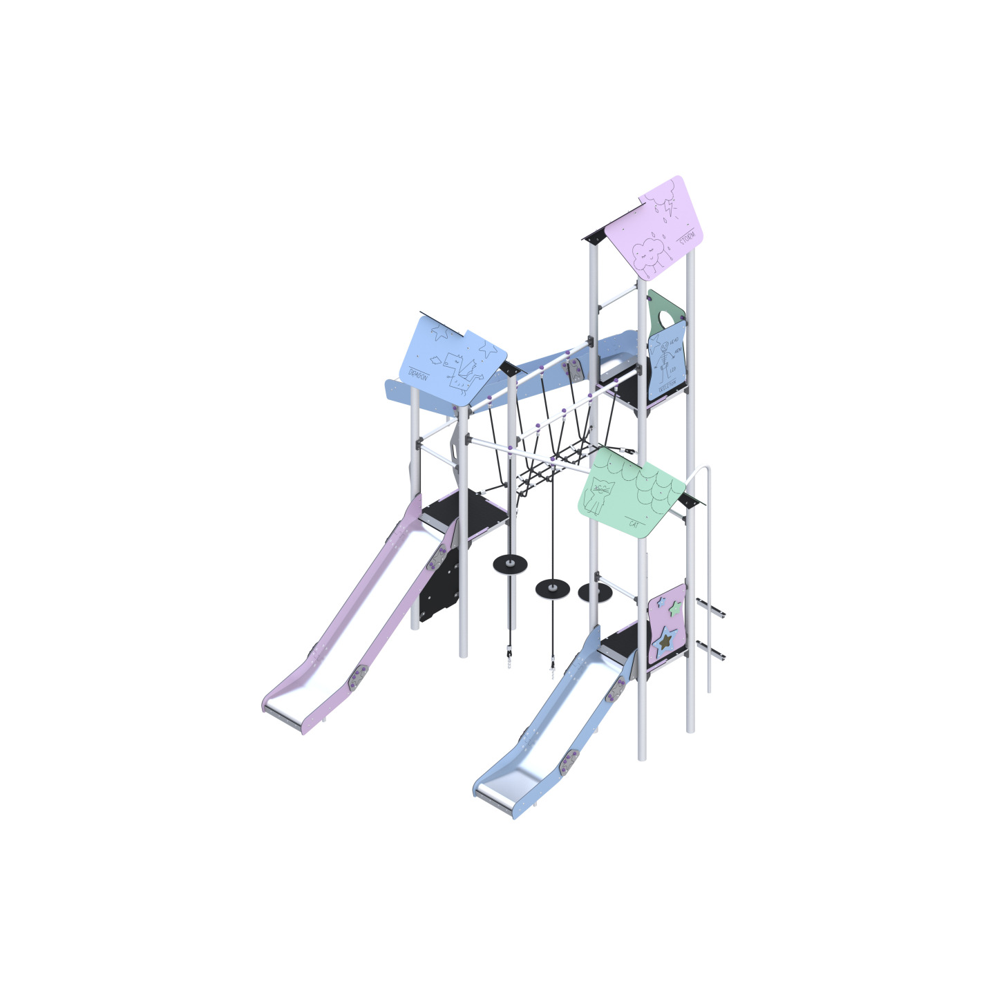 Three-tower play set with slides connected by climbing elements