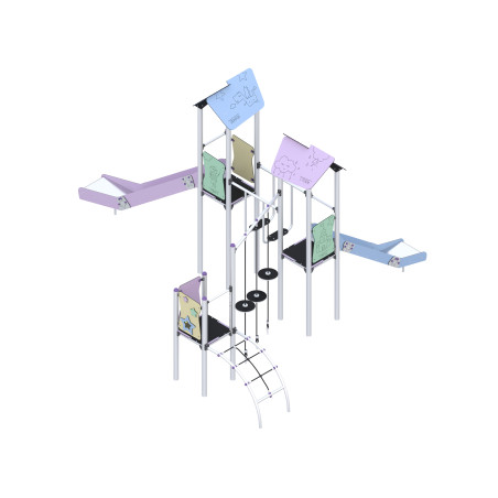 Two-tower play set with slides connected by climbing elements