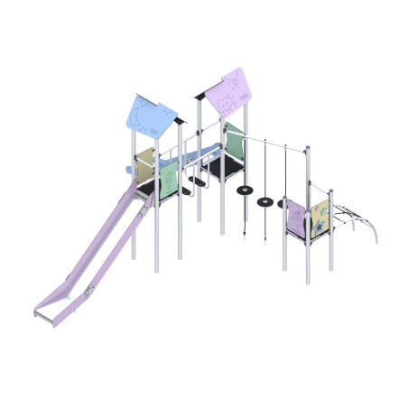 Two-tower play set with slides connected by climbing elements