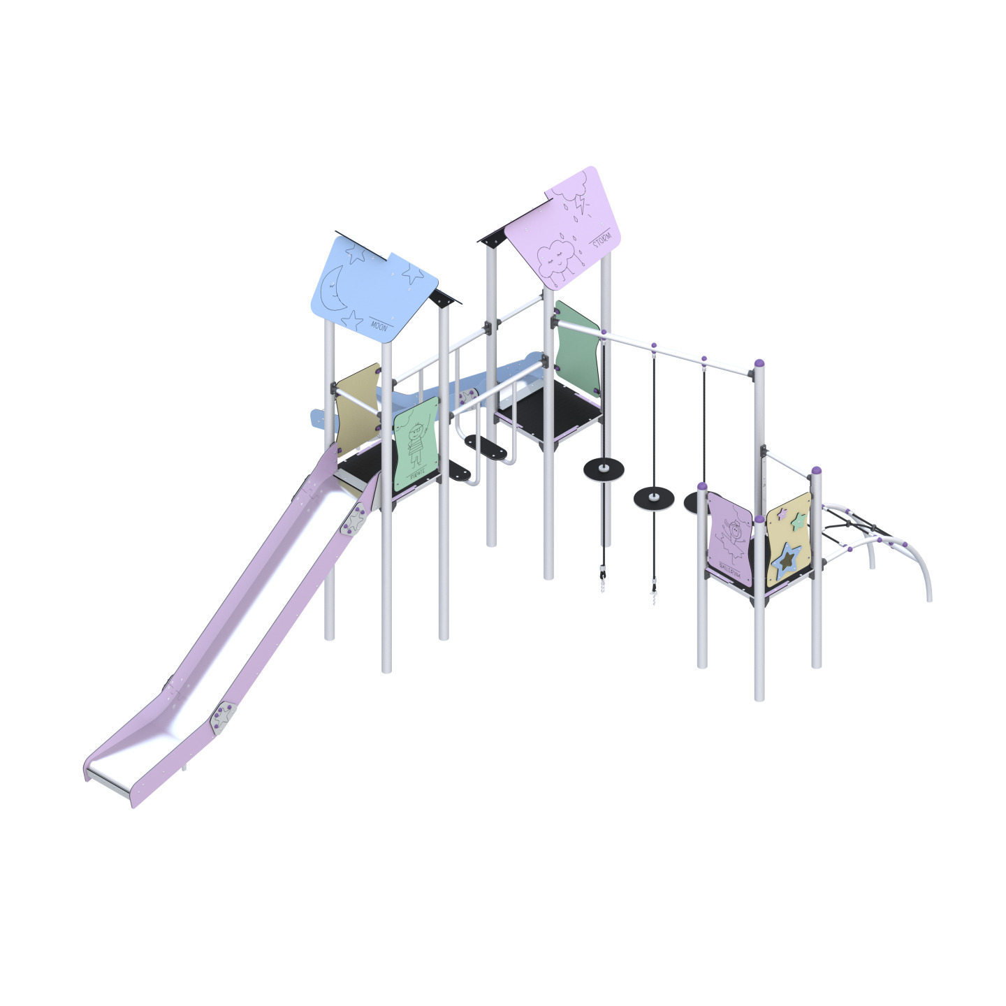 Two-tower play set with slides connected by climbing elements