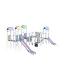 Zestaw zabawowy czterowieżowy, ze zjeżdżalniami, rurą zjazdową, elementami wspinaczkowymi, połączone mostkami