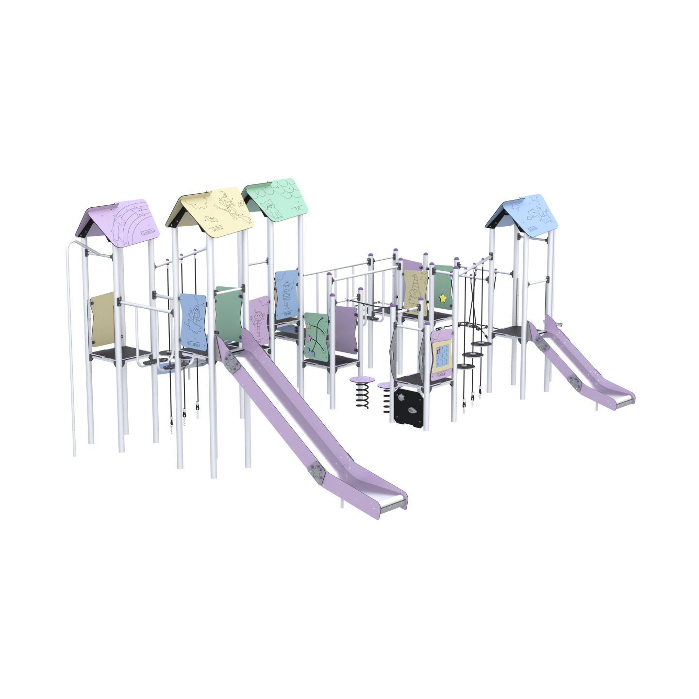 Zestaw zabawowy czterowieżowy, ze zjeżdżalniami, rurą zjazdową, elementami wspinaczkowymi, połączone mostkami
