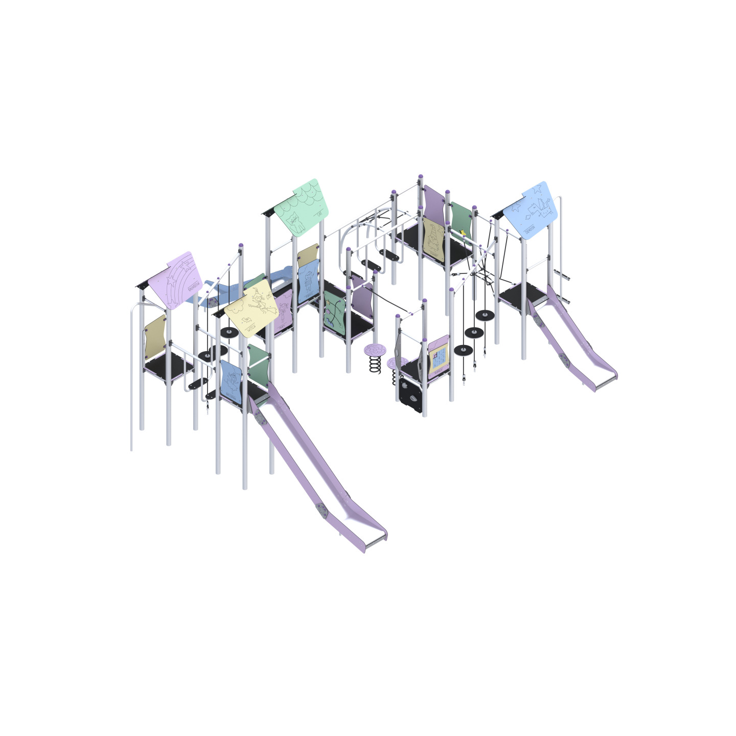 Four-tower play set, with slides, a descent tube, climbing elements, connected by bridges