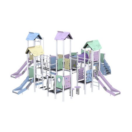 Play set, four-tower, connected by a tunnel and climbing elements