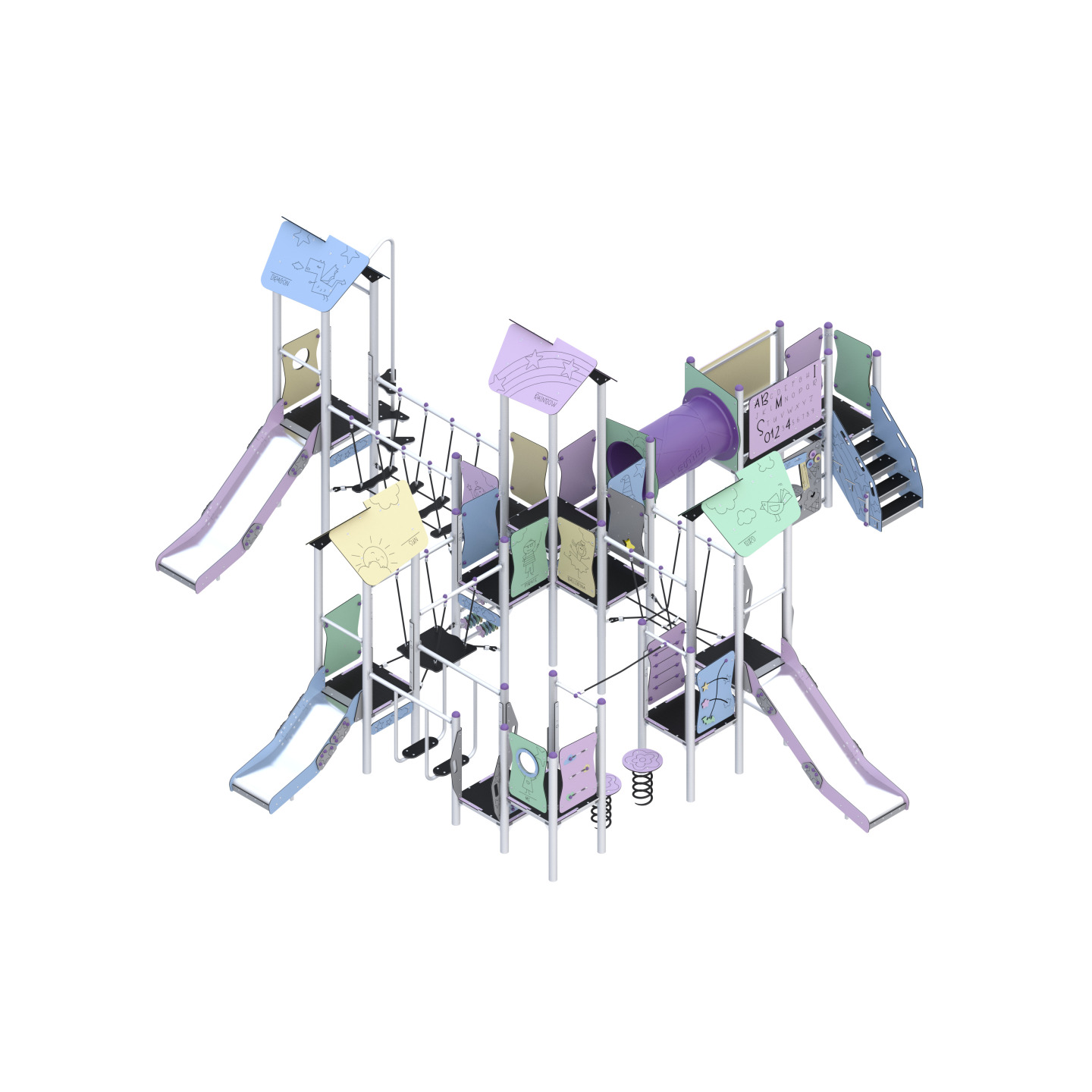 Play set, four-tower, connected by a tunnel and climbing elements