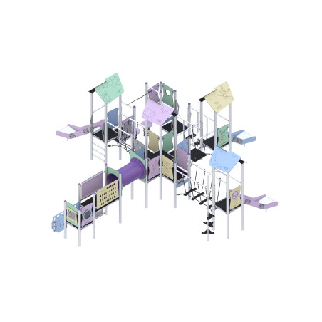 Sada herních prvků, čtyřvěžová, spojená tunelem a lezeckými prvky
