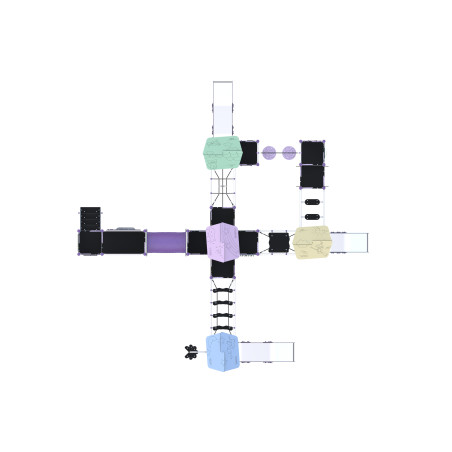 Play set, four-tower, connected by a tunnel and climbing elements