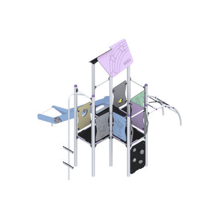 Play set with slide, descent tube, and climbing elements