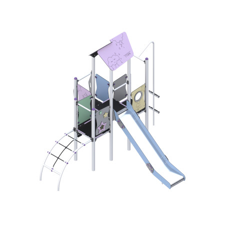 Play set with slide, descent tube, and climbing elements