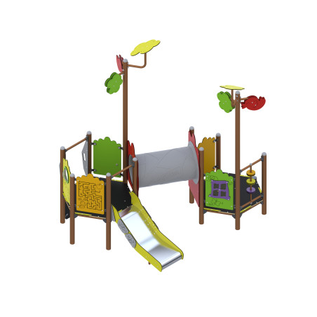 Play set with a slide connected by a tunnel