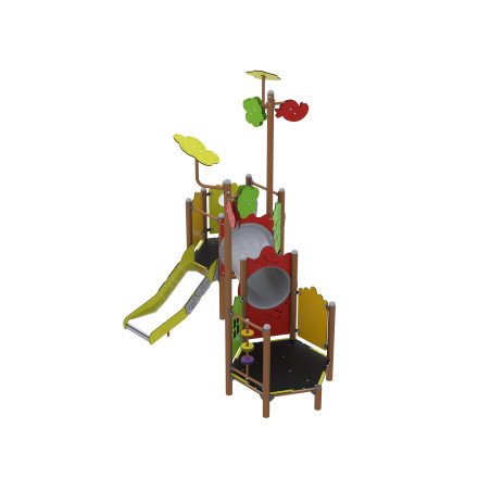 Play set with a slide connected by a tunnel