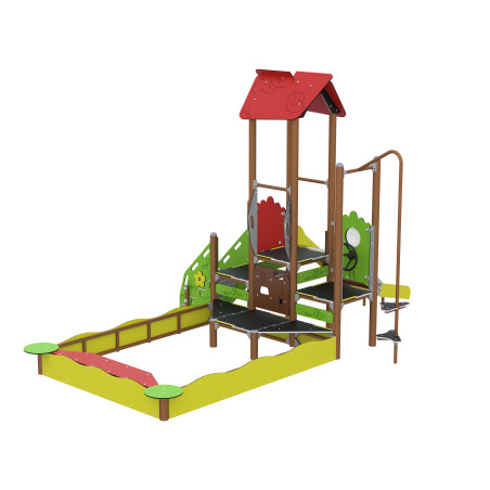 Duża piaskownica z zestawem zabawowym i zjeżdżalnią
