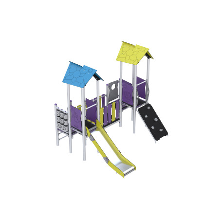 Two-tower play set connected by a bridge with a slide and a climbing wall