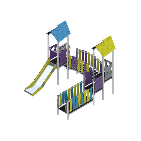Two-tower play set connected by a bridge and slide