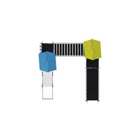 Two-tower play set connected by a bridge and slide