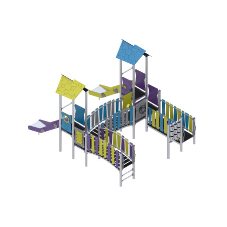 Two-tower play set connected by a bridge with slides