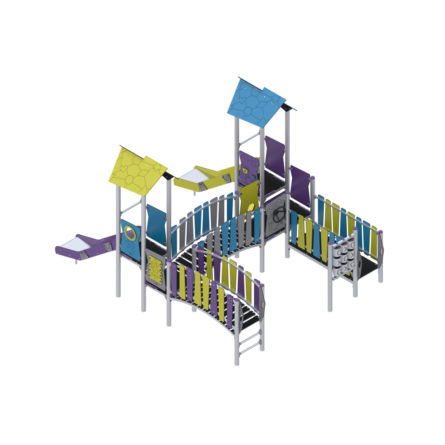 Two-tower play set connected by a bridge with slides