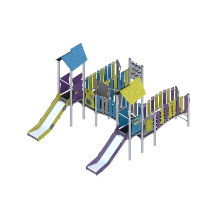 Two-tower play set connected by a bridge with slides