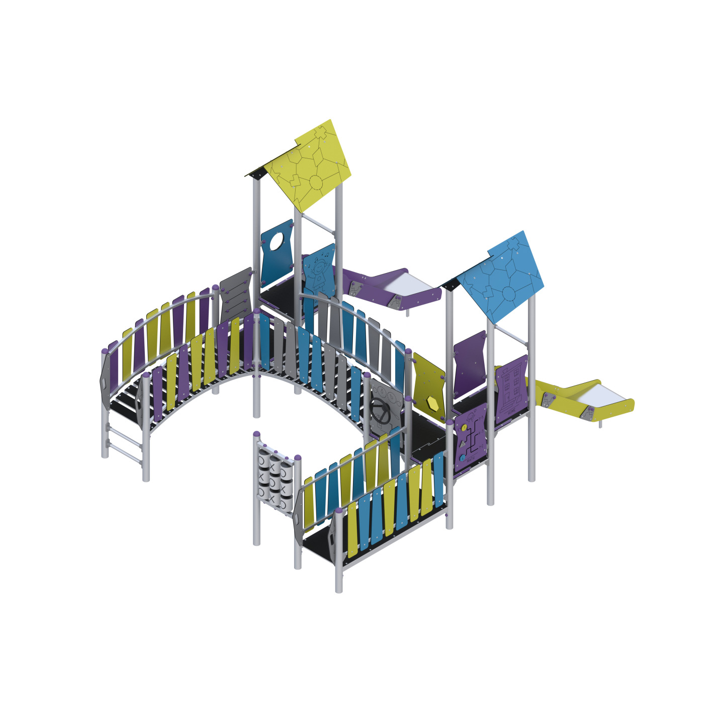 Two-tower play set connected by a bridge with slides