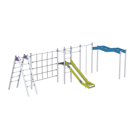 Play set with a slide, climbing elements, and ropes
