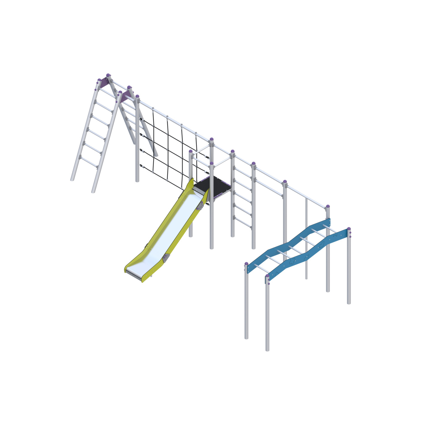Play set with a slide, climbing elements, and ropes