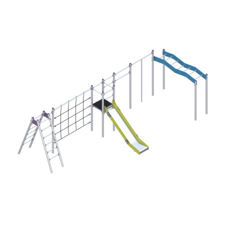 Play set with a slide, climbing elements, and ropes