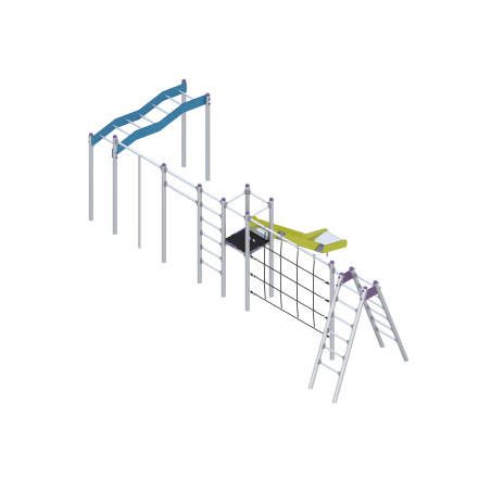 Play set with a slide, climbing elements, and ropes